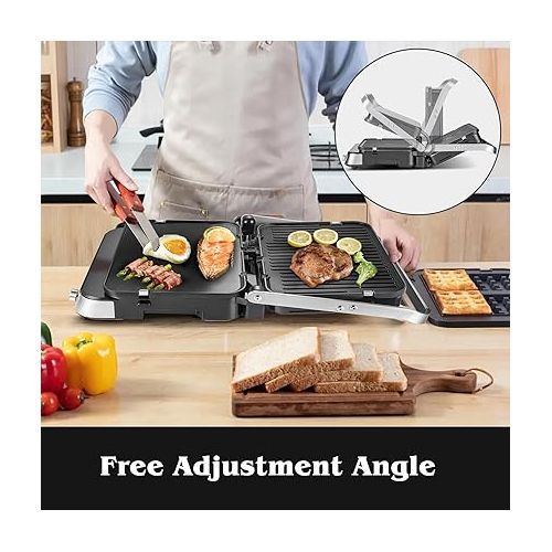  AMZCHEF Multifunktionaler 4 in 1 Kontaktgrill, Griddle, Waffeleisen & SandwichMaker mit 4 antihaftbeschichteten abnehmbaren Platten, individuelle Zeit und Temperatur,LED-Anzeige,Gesundheitsgrill 2000W