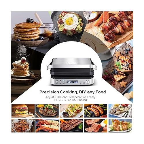  AMZCHEF Multifunktionaler 4 in 1 Kontaktgrill, Griddle, Waffeleisen & SandwichMaker mit 4 antihaftbeschichteten abnehmbaren Platten, individuelle Zeit und Temperatur,LED-Anzeige,Gesundheitsgrill 2000W