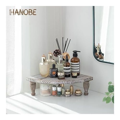  Hanobe Decorative Wooden Tray Decorative Tray: Vintage Serving Tray Wood White Washed with Stand Feet Corner Decorative Plate Rustic Sector Wooden Plate Item Stand for Candles Kitchen Bathroom