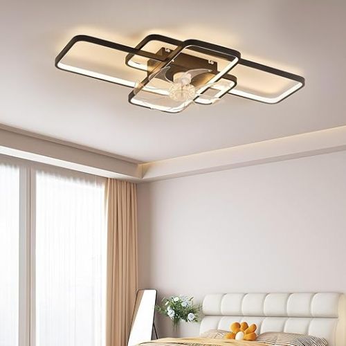  Depuley Deckenventilator Mit Beleuchtung Leise, Modern LED Lampe mit Ventilator， Mit Fernbedienung und APP Dimmbar 6-Gang Deckenlampe mit Ventilator Fur Wohnzimmer Schlafzimmer Schwarz 72cm