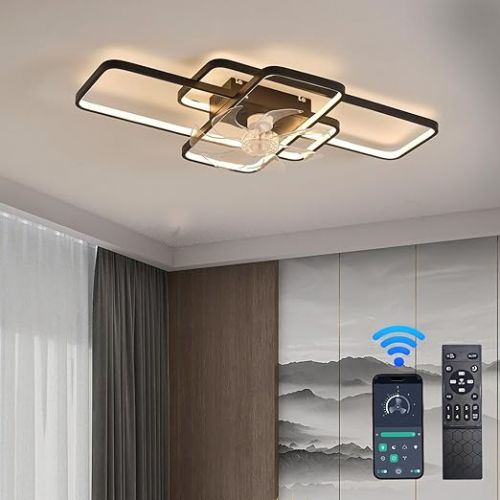  Depuley Deckenventilator Mit Beleuchtung Leise, Modern LED Lampe mit Ventilator， Mit Fernbedienung und APP Dimmbar 6-Gang Deckenlampe mit Ventilator Fur Wohnzimmer Schlafzimmer Schwarz 72cm