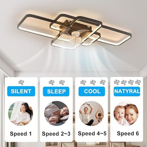  Depuley Deckenventilator Mit Beleuchtung Leise, Modern LED Lampe mit Ventilator， Mit Fernbedienung und APP Dimmbar 6-Gang Deckenlampe mit Ventilator Fur Wohnzimmer Schlafzimmer Schwarz 72cm