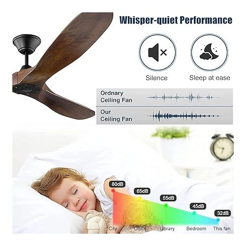  XSGDMN Wooden Ceiling Fan, No Light, Outdoor Indoor Ceiling Fan with Remote Control, 3 Solid Wood Blades, Silent Reversible Motor (Walnut, 152 cm)