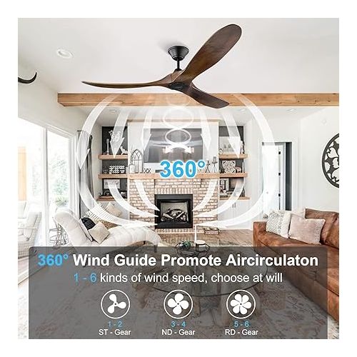  XSGDMN Wooden Ceiling Fan, No Light, Outdoor Indoor Ceiling Fan with Remote Control, 3 Solid Wood Blades, Silent Reversible Motor (Walnut, 152 cm)