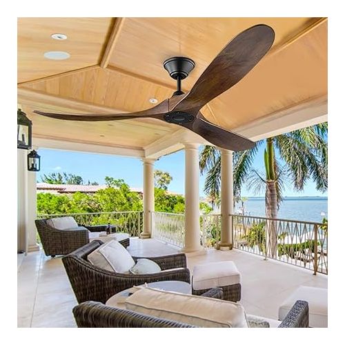  XSGDMN Wooden Ceiling Fan, No Light, Outdoor Indoor Ceiling Fan with Remote Control, 3 Solid Wood Blades, Silent Reversible Motor (Walnut, 152 cm)