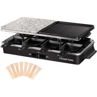 Russell Hobbs Raclette Grill for 8 People [Includes 8 Pans and Wooden Spatula, 2 Table Grill Plates] Multi-Grill (Natural Stone with Juice Channel, Non-Stick Coated Reversible Plate) Black, 26280-56