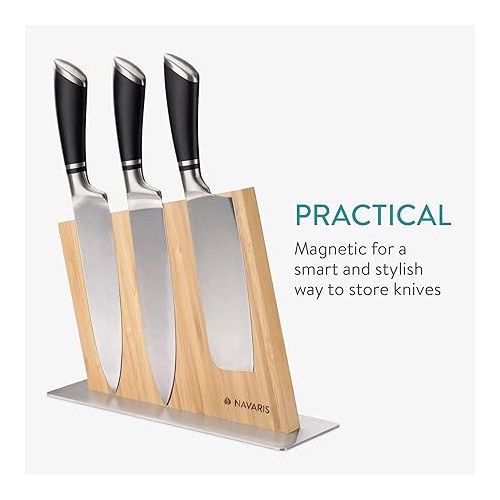  Navaris Knife Holder Double-Sided Magnetic Bamboo - Magnetic Knife Block Knife Board Magnetic Holder on Both Sides - Knife Holder Bamboo Unequipped