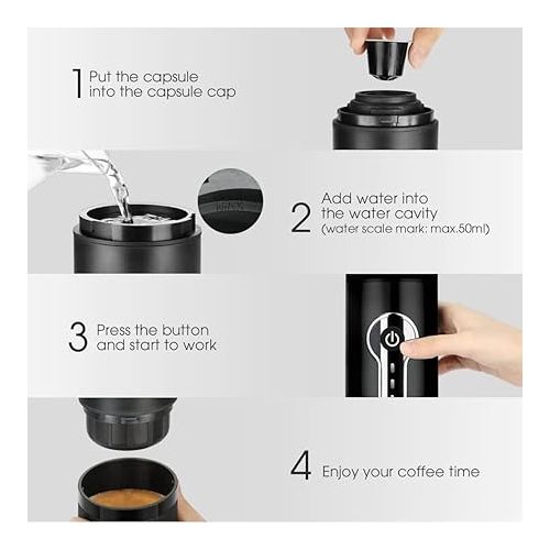  Portable Espresso Machine, Automatic Coffee Machine for Car, Travel, Outdoor, Home, Nespresso and L'OR Capsule, Rechargeable, Black
