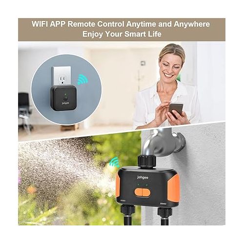  WiFi Irrigation Computer with 2 Independent Outputs, johgee Smart Water Timer with App/Voice Control, Automatic Garden Watering Watering Timer for Garden, Waterproof IPX5