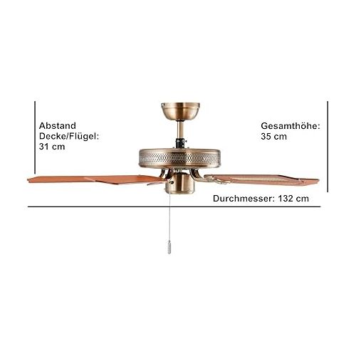  Deko Paloma BC 847 Deckenventilator mit Holzflugeln, 132 cm, Eichestruktur