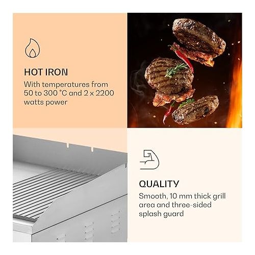  Klarstein Electric Grill, Table Grill with LED Display, Electric Grill for Balcony and Indoor, Stainless Steel Electric Grill, Grill Plate with Removable Non-Stick Plate and Splash Guard, Electric