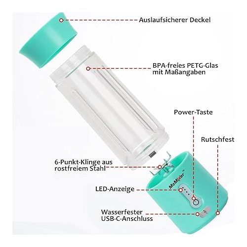  McMixer Smoothie Maker to Go - Portable Mixer with Dual Power Motor - Rechargeable Smoothie Mixer to Go with Battery - USB Mixer for Smoothies, Juices and Baby Food (Mint Blue)