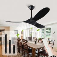 132 cm Ceiling Fan with Remote Control without Lighting, Wooden Outdoor Ceiling Fan Quiet Flat Ceiling Fan with 6-Speed DC Motor, Timer, Reversible, for Bedroom (Black, 132 cm)