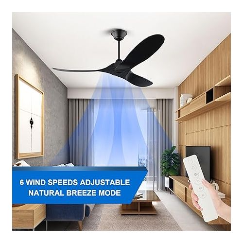  132 cm Ceiling Fan with Remote Control without Lighting, Wooden Outdoor Ceiling Fan Quiet Flat Ceiling Fan with 6-Speed DC Motor, Timer, Reversible, for Bedroom (Black, 132 cm)