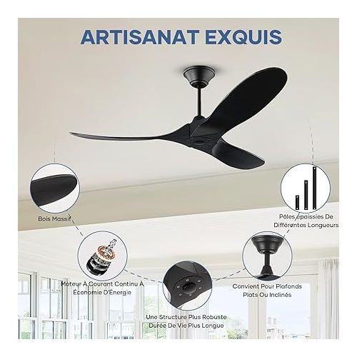  132 cm Ceiling Fan with Remote Control without Lighting, Wooden Outdoor Ceiling Fan Quiet Flat Ceiling Fan with 6-Speed DC Motor, Timer, Reversible, for Bedroom (Black, 132 cm)
