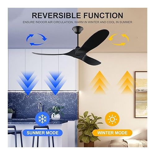  132 cm Ceiling Fan with Remote Control without Lighting, Wooden Outdoor Ceiling Fan Quiet Flat Ceiling Fan with 6-Speed DC Motor, Timer, Reversible, for Bedroom (Black, 132 cm)