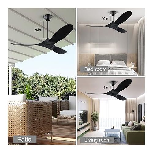  132 cm Ceiling Fan with Remote Control without Lighting, Wooden Outdoor Ceiling Fan Quiet Flat Ceiling Fan with 6-Speed DC Motor, Timer, Reversible, for Bedroom (Black, 132 cm)