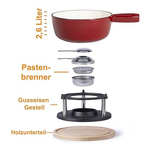  Cast Iron Fondue for Fuel Paste Red - Fondue Set Traditional Without Electricity - Meat Fondue for 6 People - Cheese Fondue Pot 2.6 Litres - Chocolate Fondue with 6 Fondue Forks