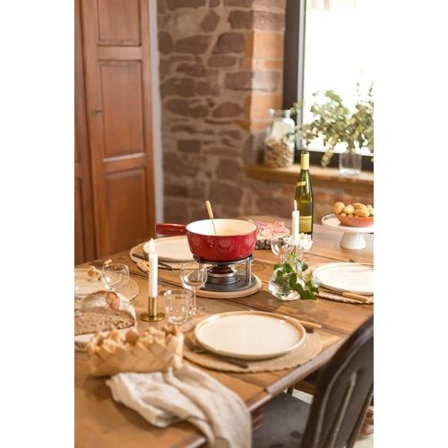  Cast Iron Fondue for Fuel Paste Red - Fondue Set Traditional Without Electricity - Meat Fondue for 6 People - Cheese Fondue Pot 2.6 Litres - Chocolate Fondue with 6 Fondue Forks