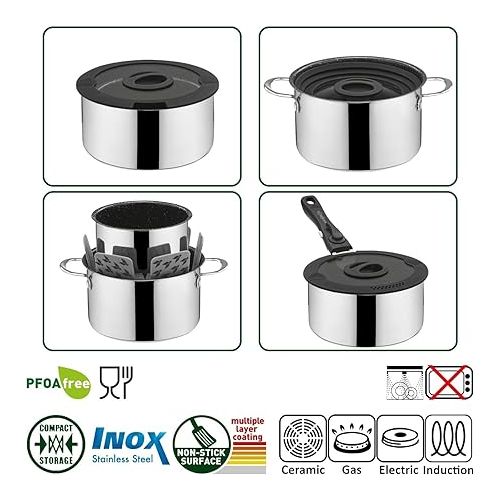  BRUNNER - Camping Cookware Set Stainless Steel Non-Stick Coated (Pots & Pans) - ø 20 or 22 cm (4, 5 or 7 Pieces) - Academy NG - Electric, Gas & Induction - Lightweight & Stackable