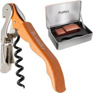 Pulltex Sommelier Set 2-Piece Waiter's Knife Pulltaps Basic Wood Transfer with Laser Engraving and Brown Faux Leather Case in Elegant Gift Box