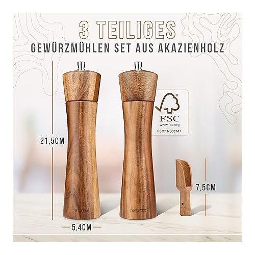  Troster® Wooden Spice Mill Set - Set of 3 - Salt and Pepper Mill Spice Scoop - Spice Mill Ceramic Grinder - Salt Mill Wood Large - Salt and Pepper Mill Wood Gift