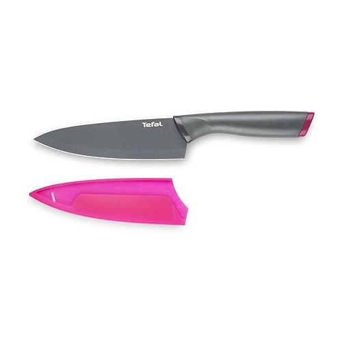  Tefal K122S2 Fresh Kitchen Set of 2 Chef's Knives 15 cm + Vegetable Knife 9 cm Stainless Steel Blade + Titanium Reinforced Non-Stick Coating Protective Cover Dishwasher Safe Black/Pink/Green