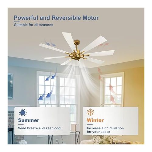  Depuley 60 Inch Modern Ceiling Fan with Remote Control, Quiet Ceiling Fan without Light, Speed, White with Gold 8 Blades, for Bedroom, Kitchen, Living Room, Balcony