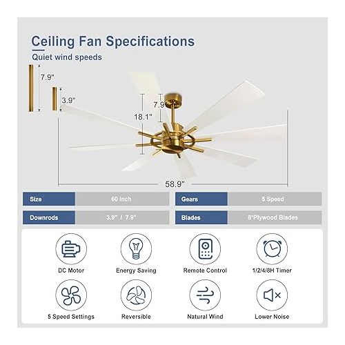  Depuley 60 Inch Modern Ceiling Fan with Remote Control, Quiet Ceiling Fan without Light, Speed, White with Gold 8 Blades, for Bedroom, Kitchen, Living Room, Balcony