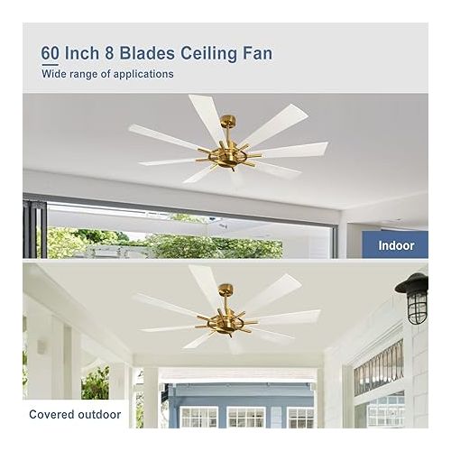  Depuley 60 Inch Modern Ceiling Fan with Remote Control, Quiet Ceiling Fan without Light, Speed, White with Gold 8 Blades, for Bedroom, Kitchen, Living Room, Balcony