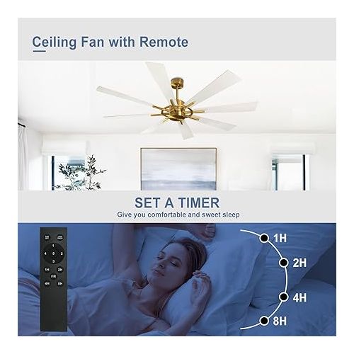  Depuley 60 Inch Modern Ceiling Fan with Remote Control, Quiet Ceiling Fan without Light, Speed, White with Gold 8 Blades, for Bedroom, Kitchen, Living Room, Balcony