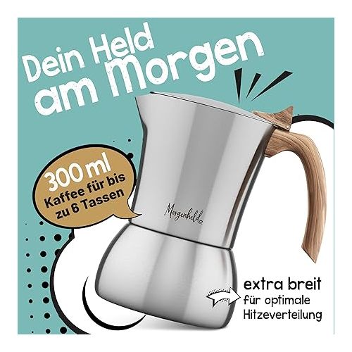  Morgenheld Premium Espresso Maker Induction for 6 Cups [300 ml] Made of Stainless Steel - Mocha Pot, Espresso Jug Suitable for All Types of Cookers - Dishwasher Safe