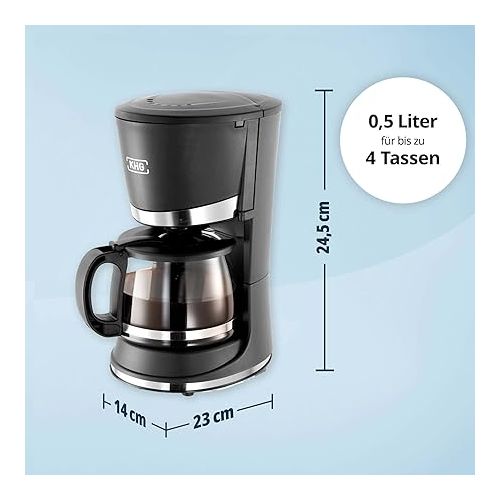  KHG KA-121S Coffee Machine in Black, Mini Filter Coffee Machine with Glass Jug 500 ml, up to 4 Cups, 600 Watt, Includes Permanent Filter, Drip Stop, Warming Function and Automatic Shut-Off