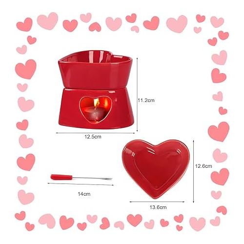  MONCAP Chocolate Fondue Set, Chocolate Fondue, Ceramic Chocolate Fondue in Heart Shape, Chocolate Fondue Tea Light, Heated with 4 Stainless Steel Forks for Valentine's Day, Maypole Gifts