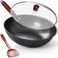 Wok Pan with Lid, 33 cm Carbon Steel Wok Pan for Stirring and Roasting with Wooden Spatula, Carbon Steel Wok, Nitrided Non-Stick Chinese Wok with Flat Base for Induction, Electric Gas Stove