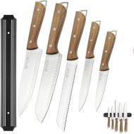 BFYLIN 6-Piece Kitchen Knife Set, Kitchen Knife Set, Chef's Knife, Santoku Knife, Paring Knife, Vegetable Knife & Bread Knife, Sharp Knife, Wooden Handle Kitchen Knife with Magnetic Knife Holder