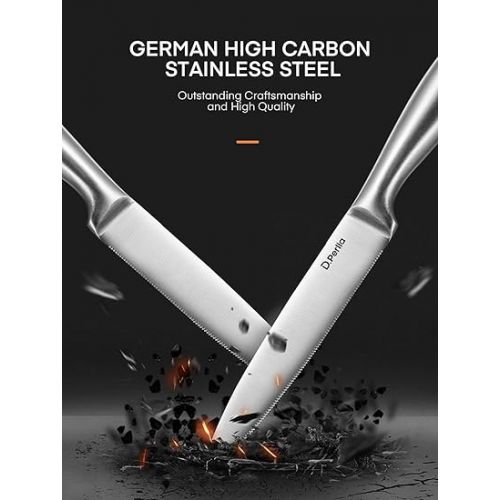 D.Perlla Steak Knife, Steak Knife Set 9 Pieces, Sharp Steak Knife Set with Ergonomic Handle, 8 Pieces Serrated Steak Knives & Acrylic Knife Holder
