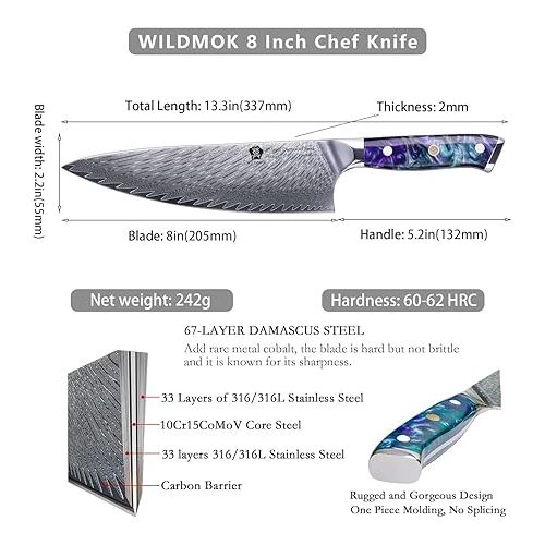  WILDMOK Chef's Knife Damascus Knife Meat Knife Professional Chef's Knife 20 cm 67 Layers Damascus Steel Kitchen Knife in Gift Box