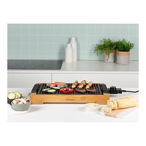  Tristar BP-2785 Table Grill/Barbecue Grill with Grill Grate, 2000 Watt Power, 37 x 25 cm Grill Surface Bamboo Housing