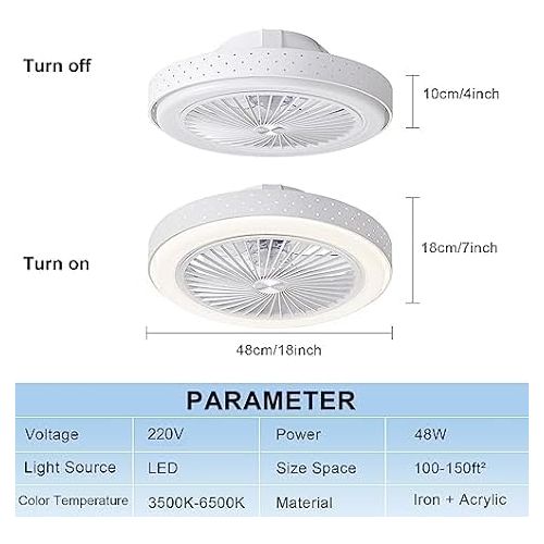  POWROL Ceiling Fan with Remote Control Light, 19 Inch Half Built-In 3 Speeds, Low Noise, Dimmable, Modern LED Light, Ceiling Fan, Living Room, Kitchen, Bedroom