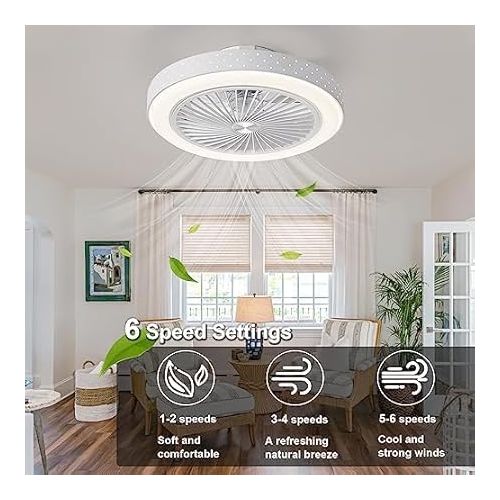  POWROL Ceiling Fan with Remote Control Light, 19 Inch Half Built-In 3 Speeds, Low Noise, Dimmable, Modern LED Light, Ceiling Fan, Living Room, Kitchen, Bedroom