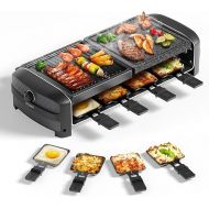 JOYAMI Raclette Grill Electric Table Grill with Natural Grill Stone and Grill Plate, Raclette with Non-Stick Grill Plate and 8 Pans, Electric Grill for Grilling, Baking, Stainless Steel, 1400 W