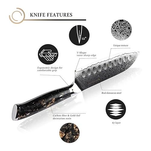  Damaso Santoku Knife (12.7 cm), Black Aurora Chef's Knife Made of 67 Layers Damascus Knife, Japanese Knife, Damask Kitchen Knife