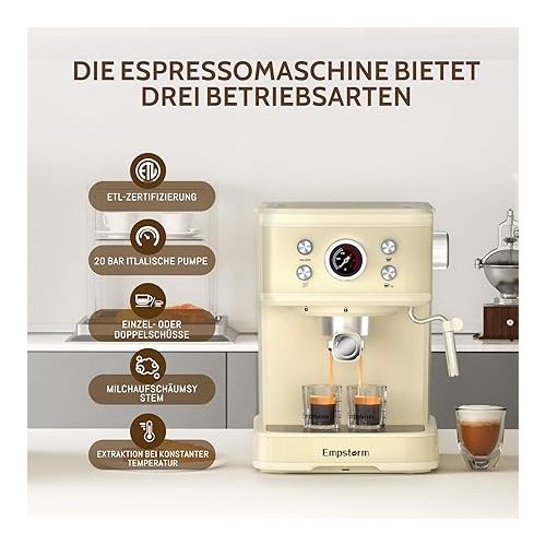  Espresso Machine, 20 Bar Espresso Machine with Milk Frother Steam Stick, Compact Espresso Coffee Machine with for Cappuccino, Latte, Quick Heating, Stainless Steel