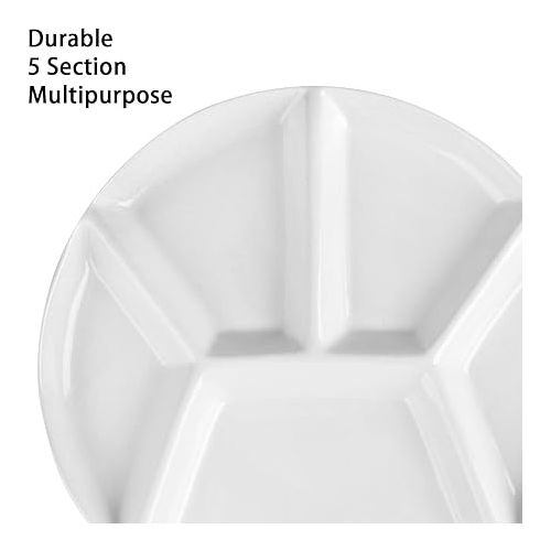  Artestia Fondue Plate, Divided, 5 Compartments, Round Ceramic Dinner Plates, Set of 4, Chip & Dip Serving Trays, Perfect for Serving Fondue Food, Sauces and Spices