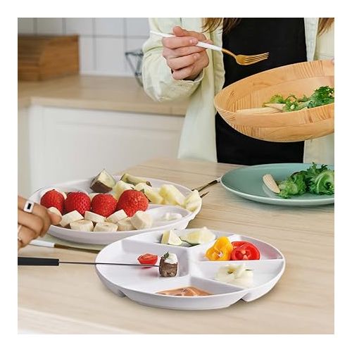  Artestia Fondue Plate, Divided, 5 Compartments, Round Ceramic Dinner Plates, Set of 4, Chip & Dip Serving Trays, Perfect for Serving Fondue Food, Sauces and Spices