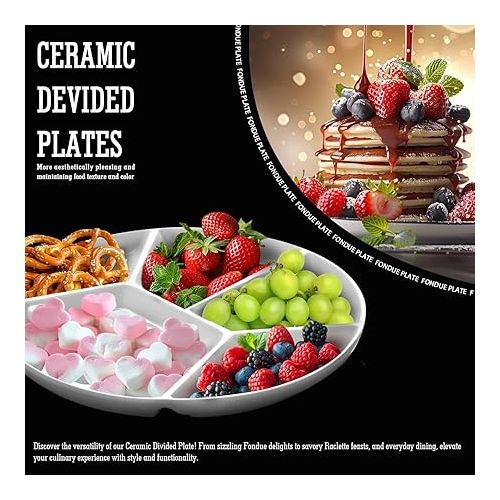  Artestia Fondue Plate, Divided, 5 Compartments, Round Ceramic Dinner Plates, Set of 4, Chip & Dip Serving Trays, Perfect for Serving Fondue Food, Sauces and Spices