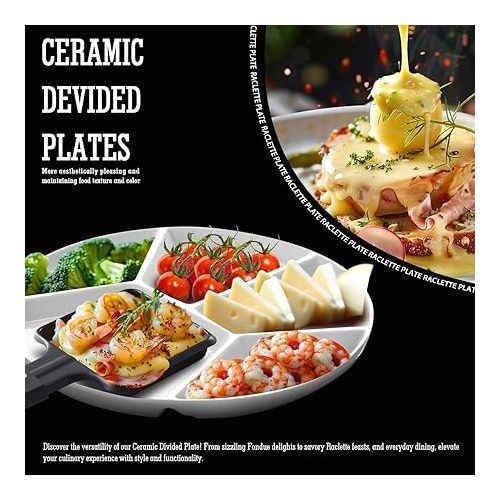  Artestia Fondue Plate, Divided, 5 Compartments, Round Ceramic Dinner Plates, Set of 4, Chip & Dip Serving Trays, Perfect for Serving Fondue Food, Sauces and Spices