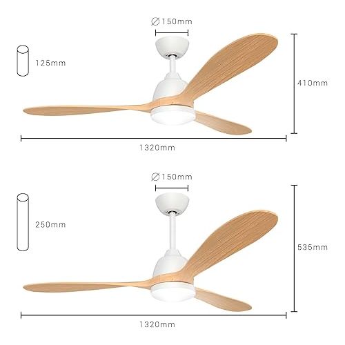  SPC Conforto DC Nature Ceiling Fan with Natural Wood Blades, Dimmable, Ultra Quiet and Energy Saving DC Motor, Diameter 132 cm, WiFi for App Control and Remote Control