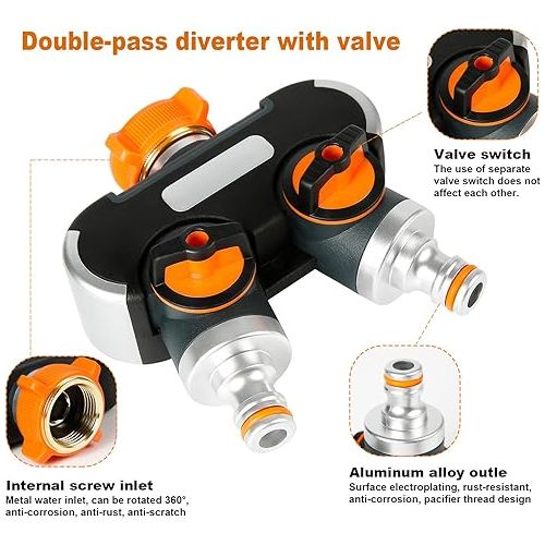  Diealles Shine® 2-Way Water Distributor, 3/4 Inch and 1/2 Inch Water Distributor, Garden Hose Distributor for Simultaneous Connection of Two Devices, Both Outputs Adjustable